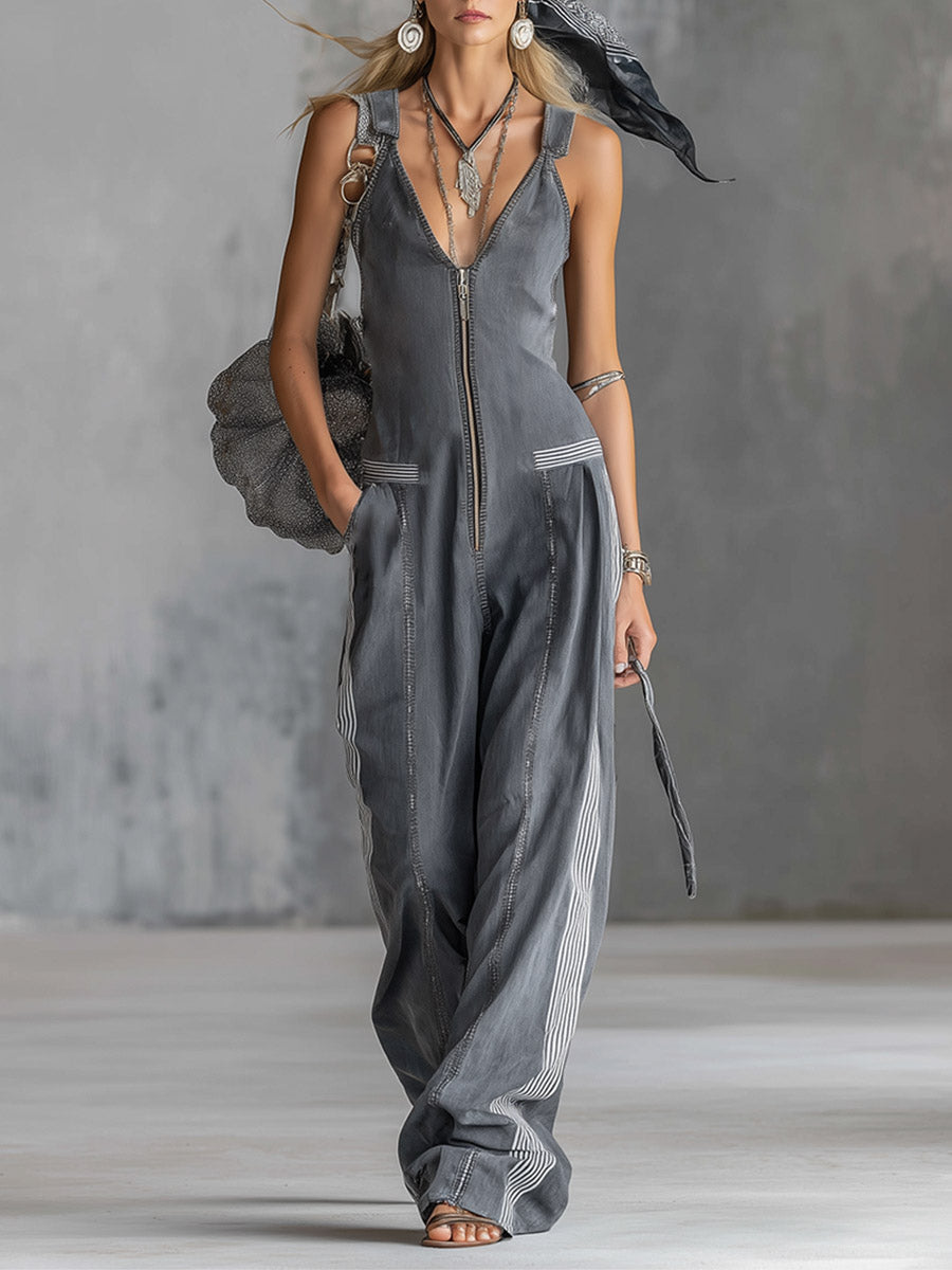 Retro Casual Striped-Trimmed Grey Denim Jumpsuit