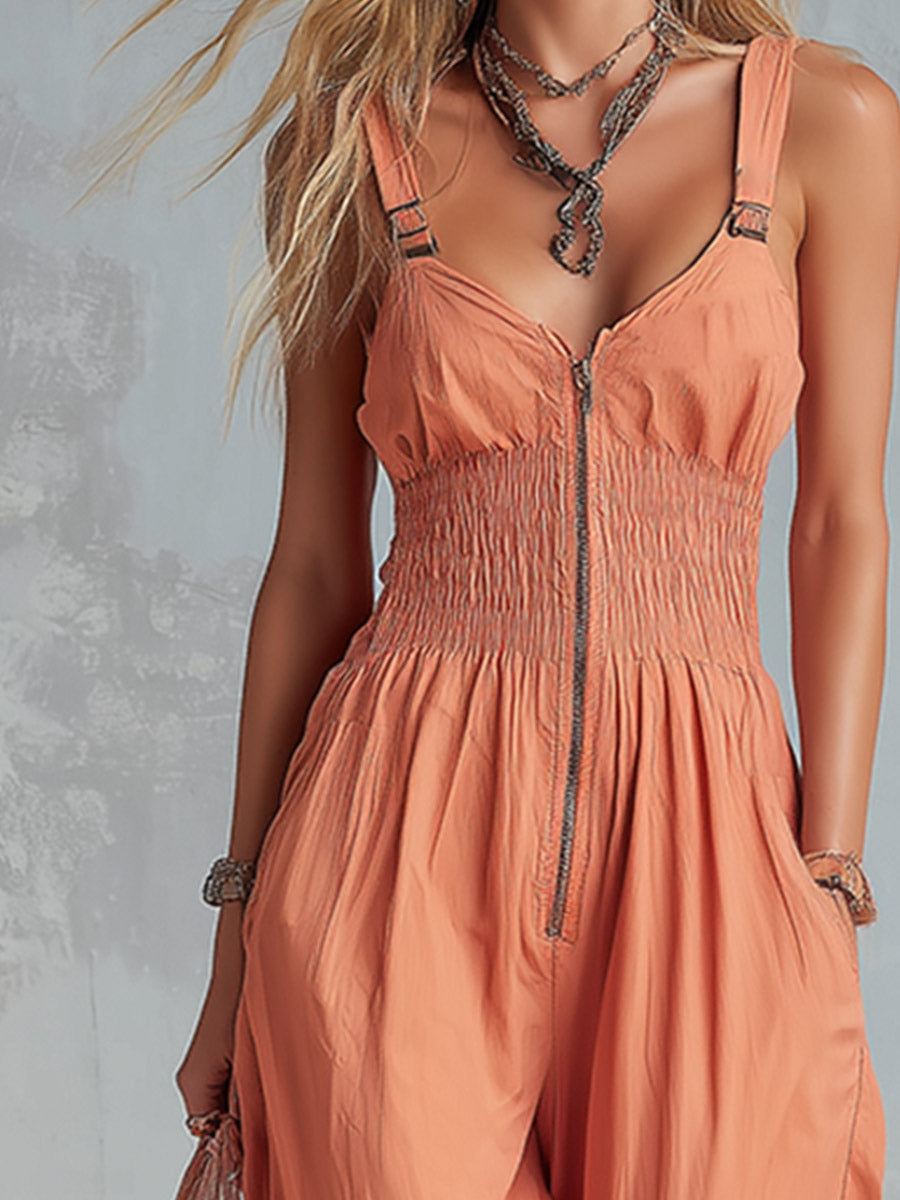 Retro-Casual Pink-Orange Oversized Sleeveless Jumpsuit