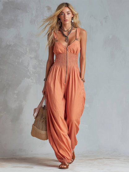 Retro-Casual Pink-Orange Oversized Sleeveless Jumpsuit