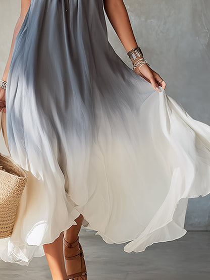 Vintage-Elegant Gray-to-White Ombré Chiffon Maxi Dress