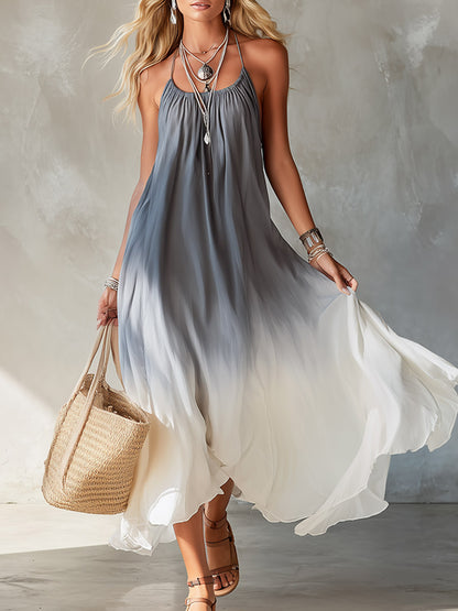 Vintage-Elegant Gray-to-White Ombré Chiffon Maxi Dress