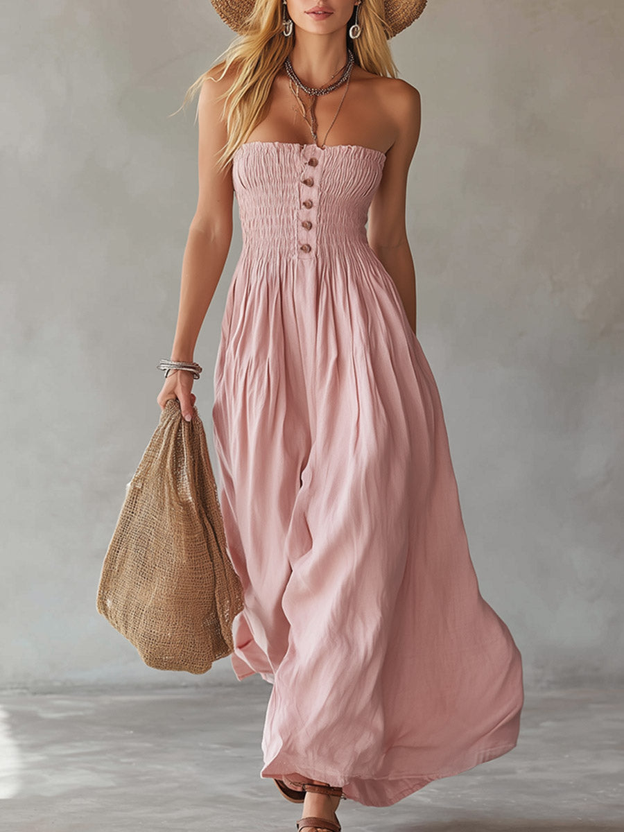 Classic Retro Pink Cotton-Linen Off-Shoulder Sleeveless Maxi Dress