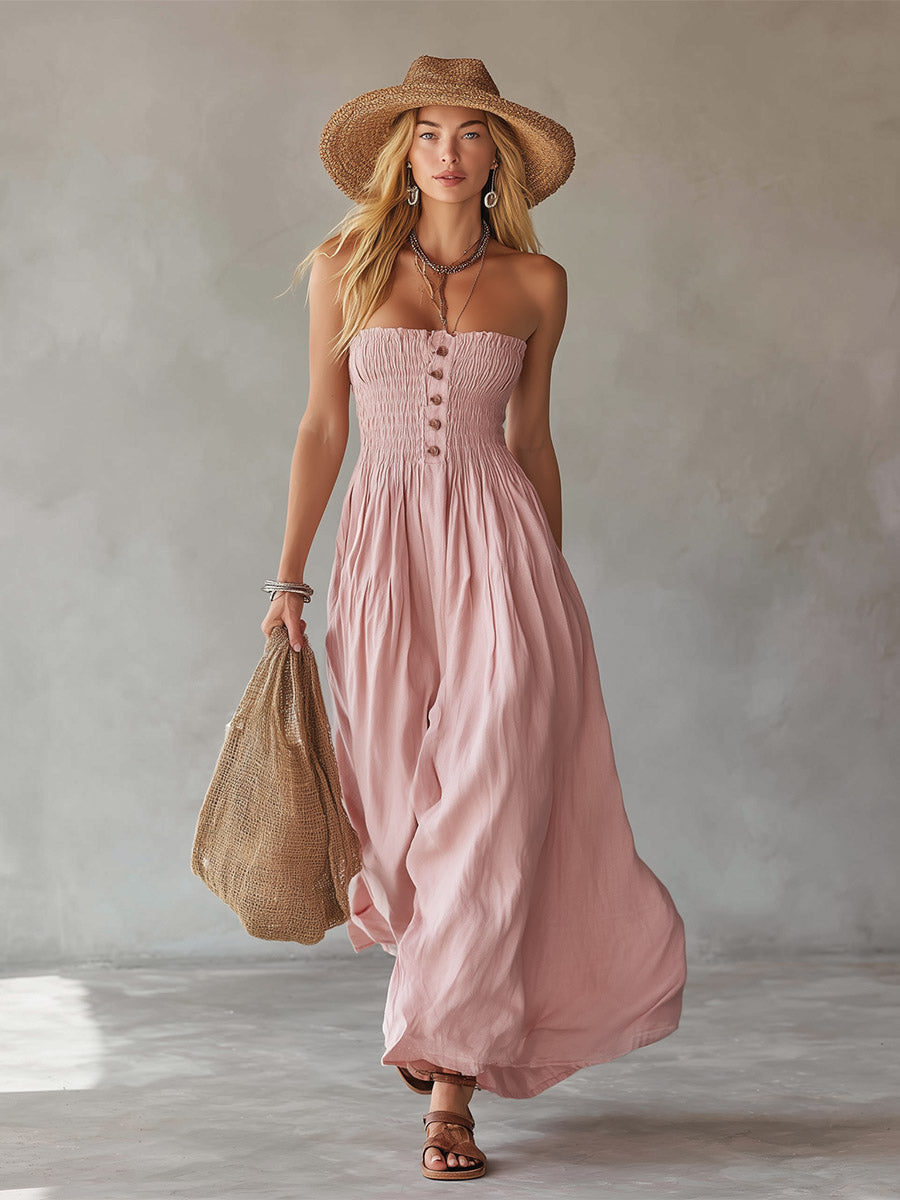 Classic Retro Pink Cotton-Linen Off-Shoulder Sleeveless Maxi Dress