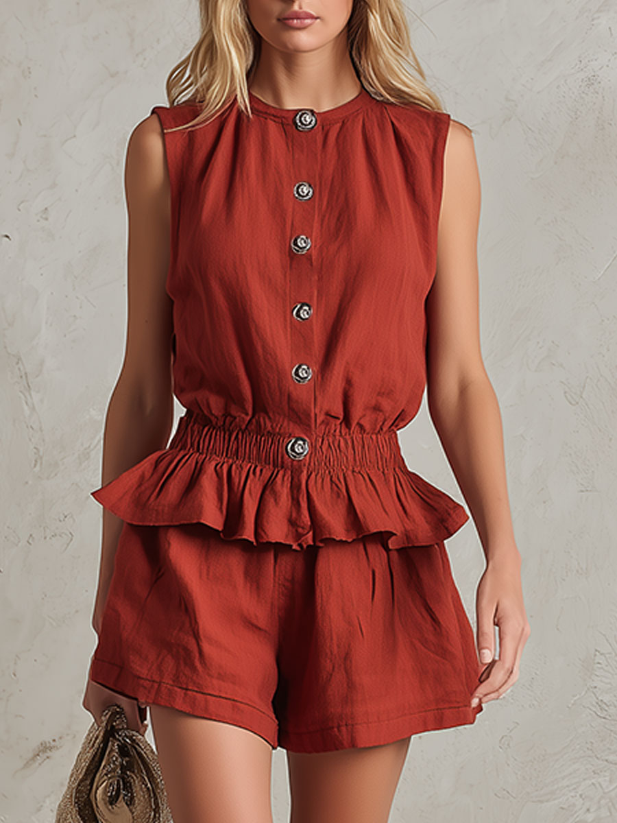 Casual Retro Red Sleeveless Button-down Ruffled Cotton-linen Top And Shorts Set