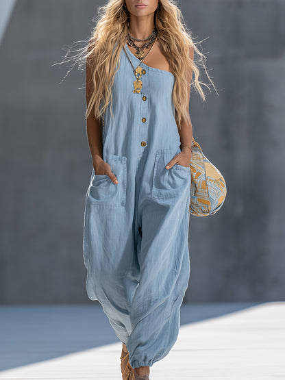 Retro-Casual Single-Shoulder Blue Cotton-Linen Sleeveless Jumpsuit