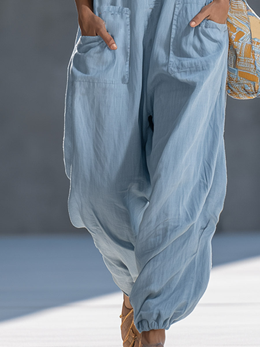 Retro-Casual Single-Shoulder Blue Cotton-Linen Sleeveless Jumpsuit