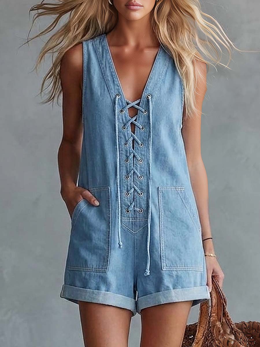 Casual Retro V-Neck Front Lacing Blue Denim Shorts Jumpsuit