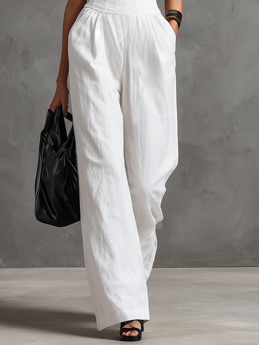 Elegant Retro White Cotton And Linen Strapless Jumpsuit With Laces