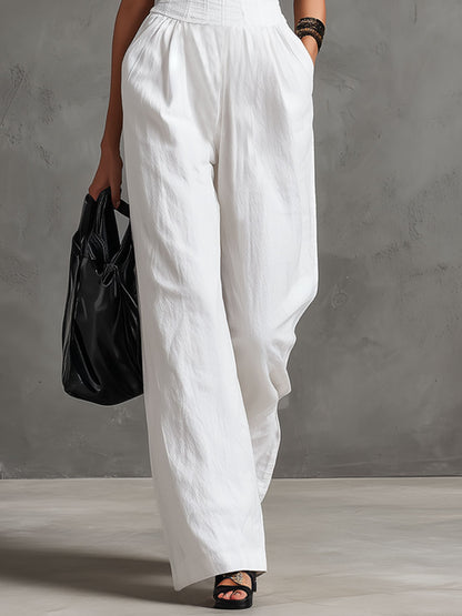 Elegant Retro White Cotton And Linen Strapless Jumpsuit With Laces