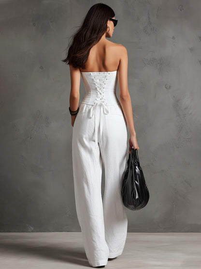 Elegant Retro White Cotton And Linen Strapless Jumpsuit With Laces