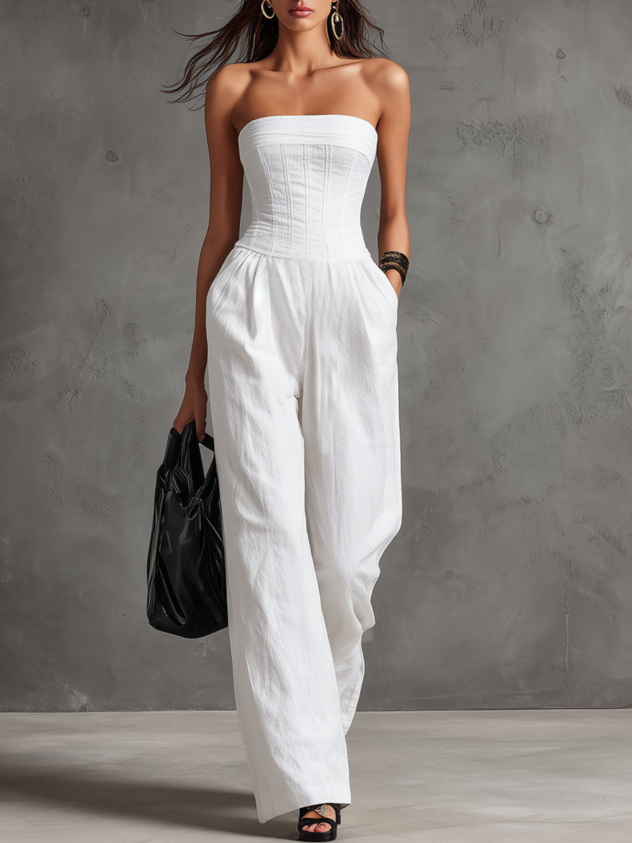 Elegant Retro White Cotton And Linen Strapless Jumpsuit With Laces