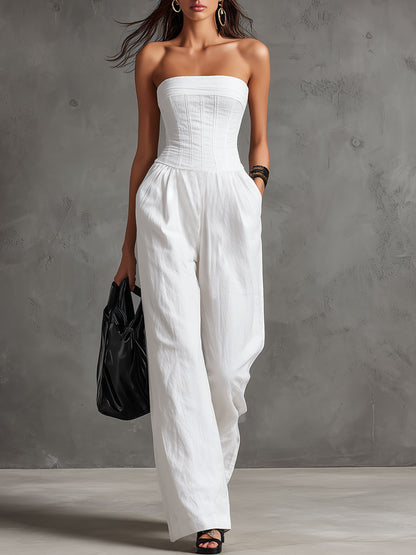 Elegant Retro White Cotton And Linen Strapless Jumpsuit With Laces