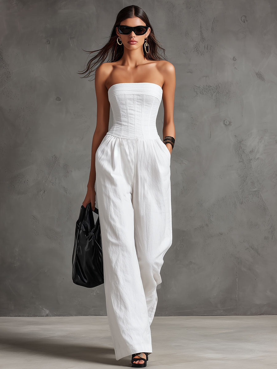 Elegant Retro White Cotton And Linen Strapless Jumpsuit With Laces