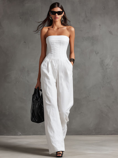 Elegant Retro White Cotton And Linen Strapless Jumpsuit With Laces