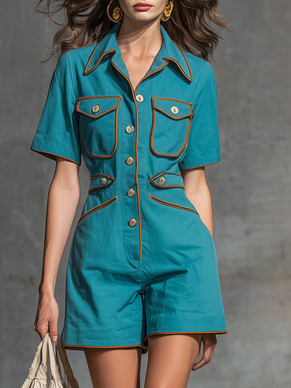 Casual Retro Color-blocked Trimmed Lake Blue Cotton Short-sleeved Jumpsuit