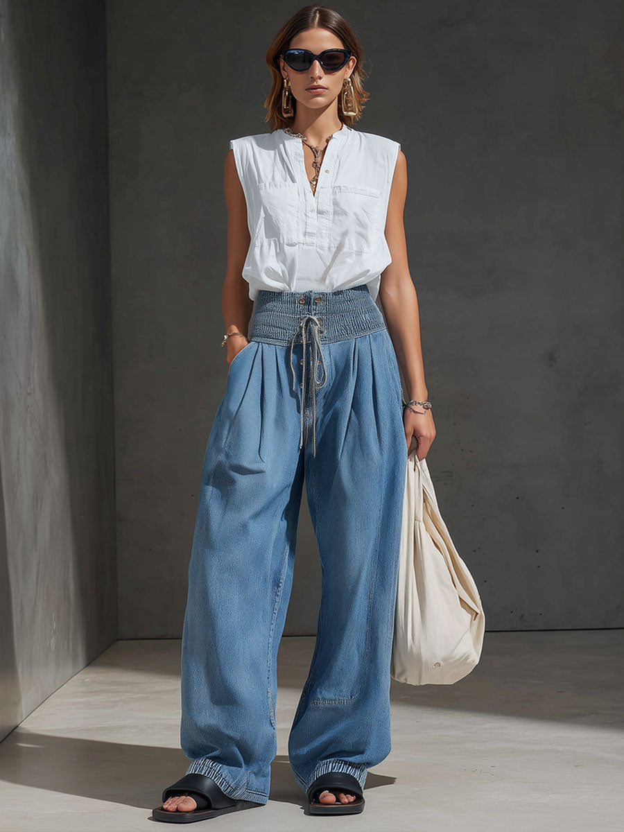 Casual Retro Elastic Waistband Balloon Blue Jeans