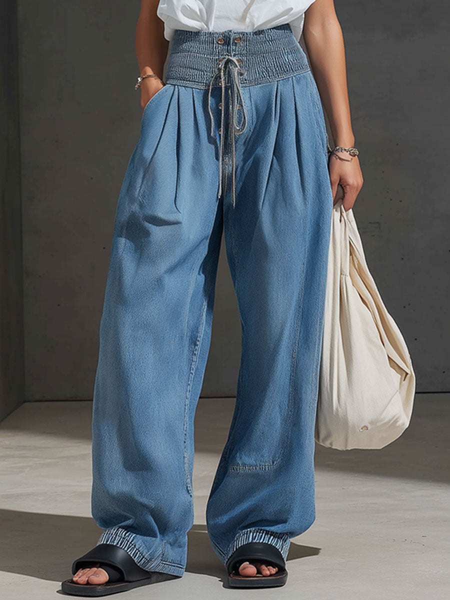 Casual Retro Elastic Waistband Balloon Blue Jeans