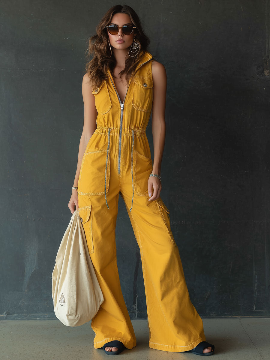 Casual Retro Sleeveless Zippered Yellow Cotton Jumpsuit