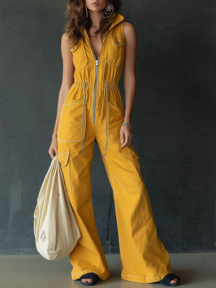 Casual Retro Sleeveless Zippered Yellow Cotton Jumpsuit
