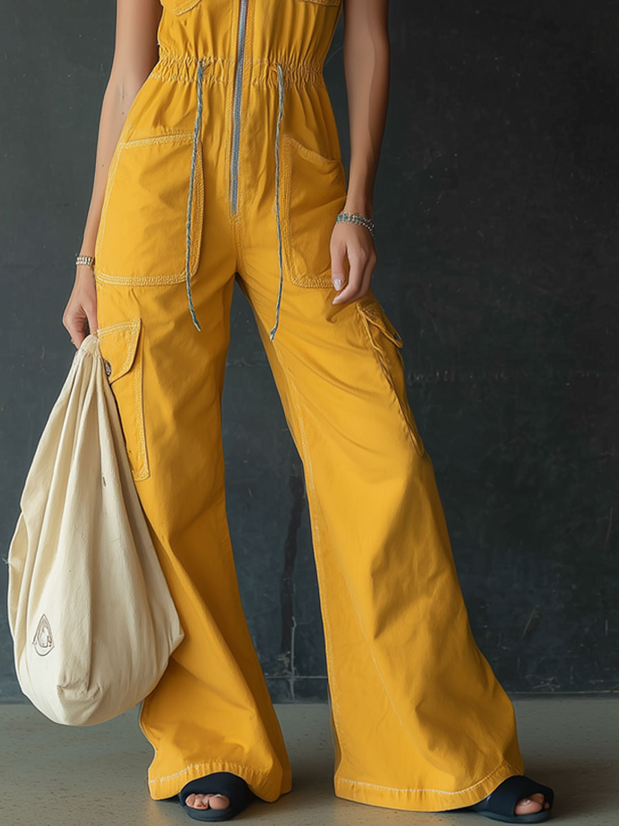 Casual Retro Sleeveless Zippered Yellow Cotton Jumpsuit
