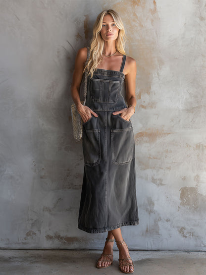 Casual Retro Gray Sleeveless Multi-pocket Washed Denim Midi Dress