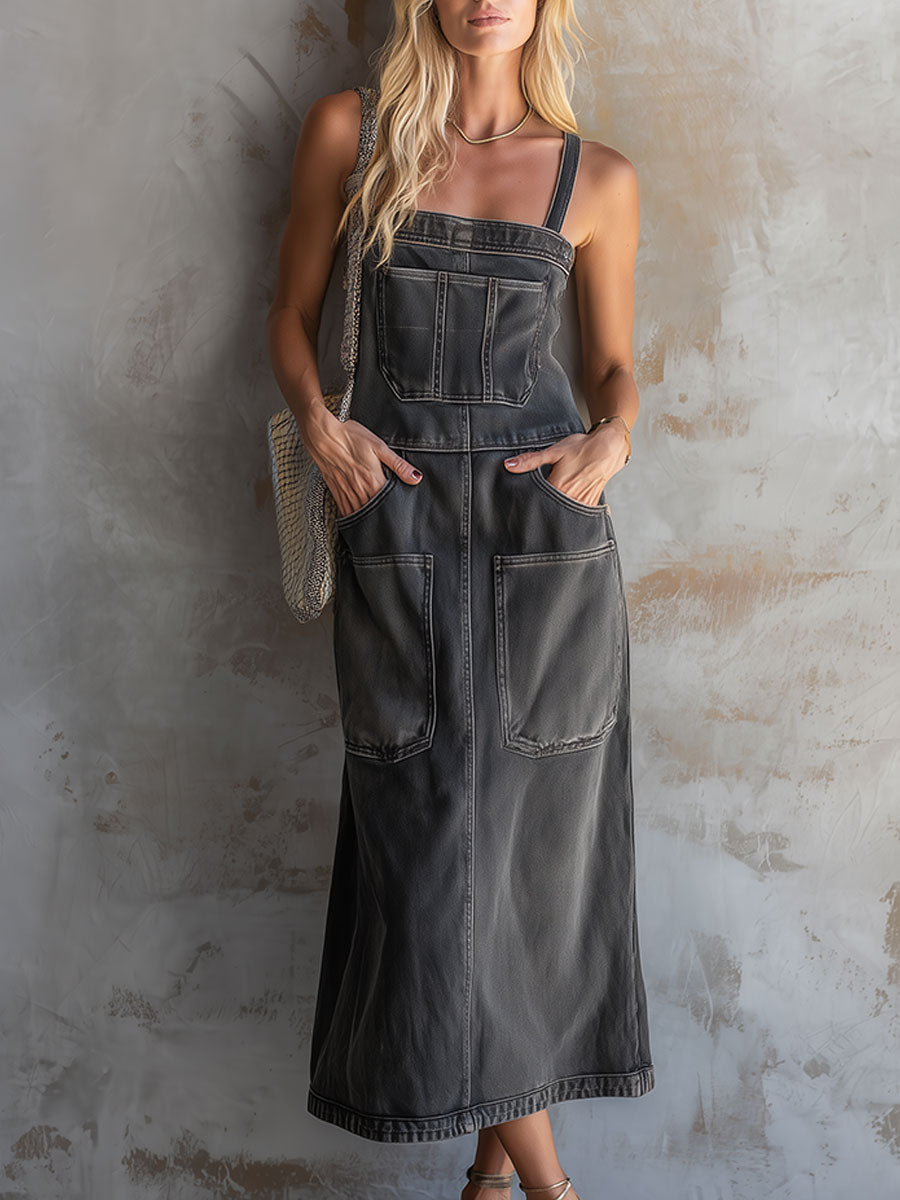 Casual Retro Gray Sleeveless Multi-pocket Washed Denim Midi Dress