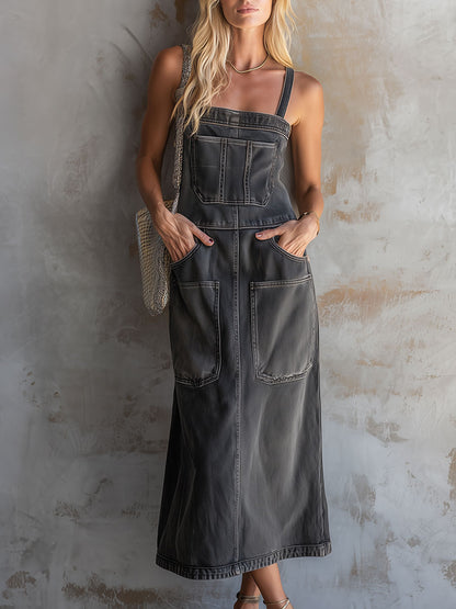 Casual Retro Gray Sleeveless Multi-pocket Washed Denim Midi Dress
