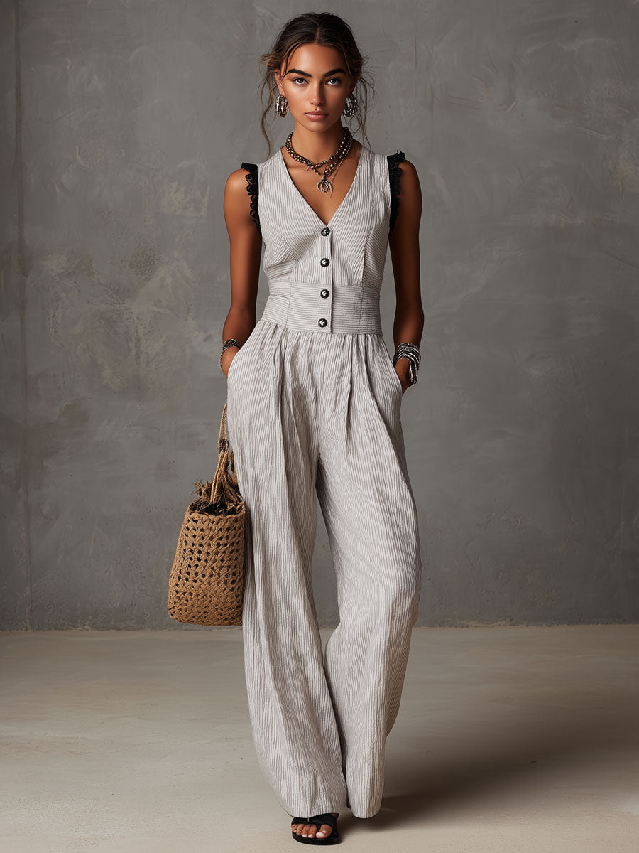 Casual Retro Lace Sleeveless Gray Striped Cotton And Linen Jumpsuit