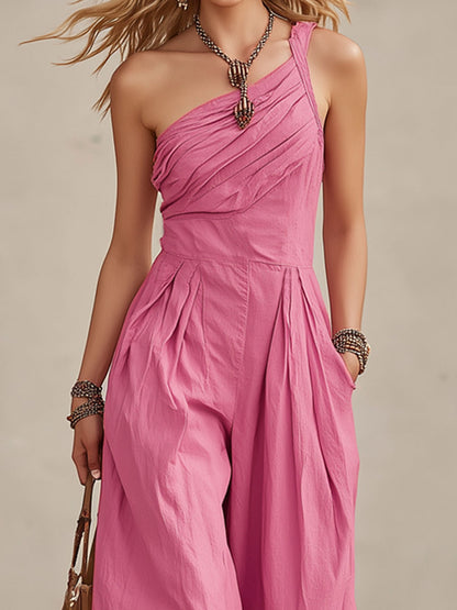 Solid Color One-shoulder Cotton Linen Sleeveless Wide-leg Jumpsuit