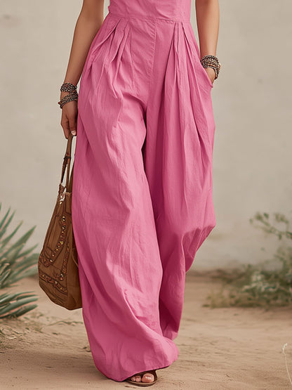 Solid Color One-shoulder Cotton Linen Sleeveless Wide-leg Jumpsuit