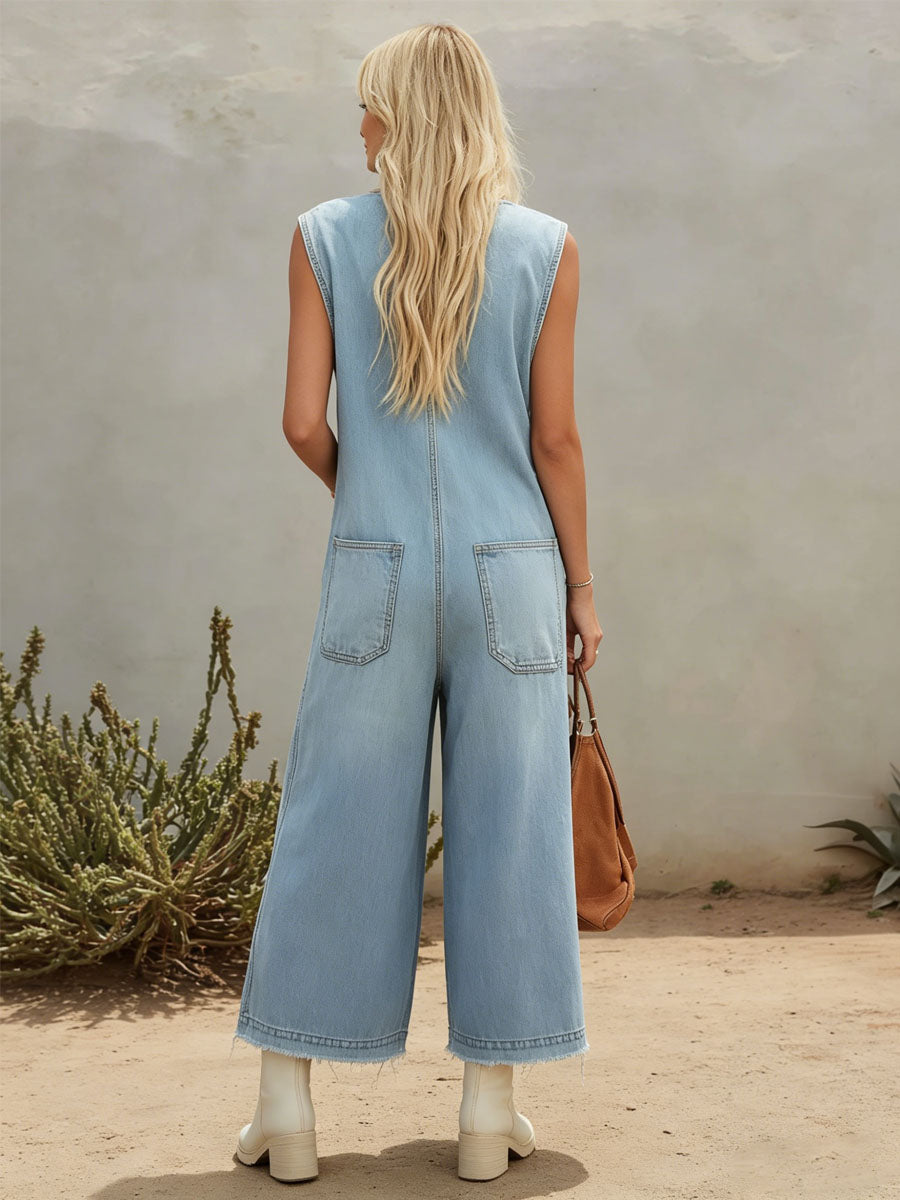 Retro V-neck Zip-up Sleeveless Denim Jumpsuit