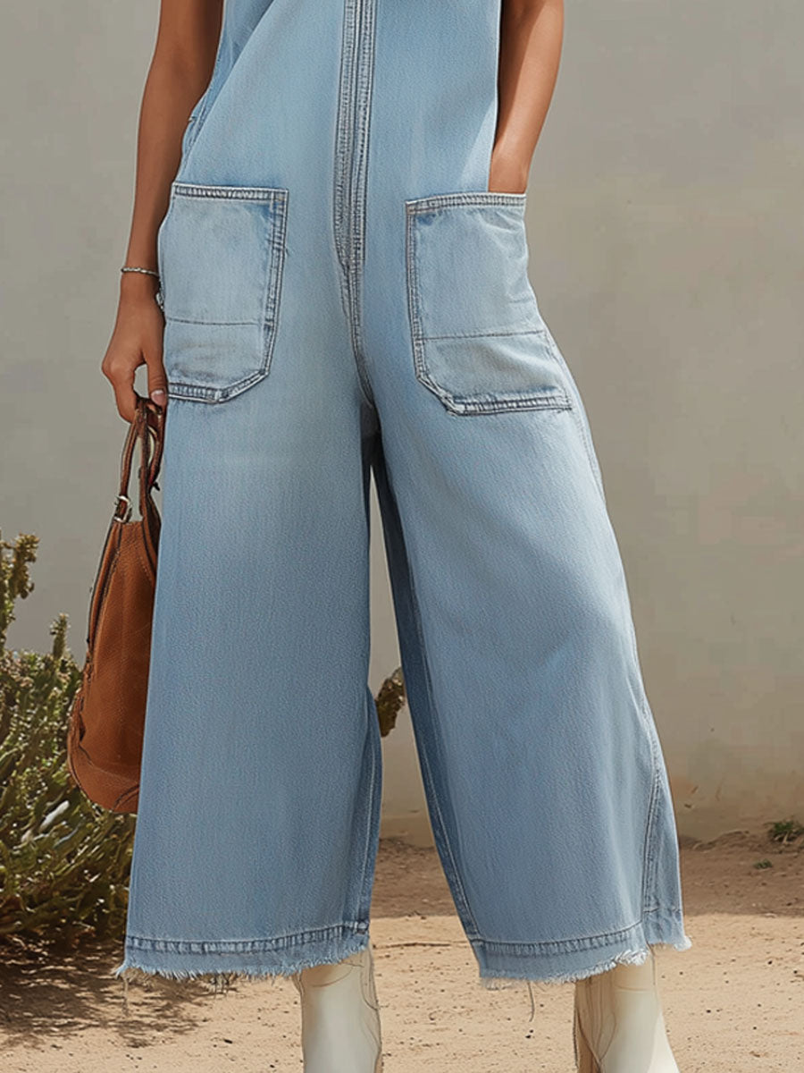 Retro V-neck Zip-up Sleeveless Denim Jumpsuit