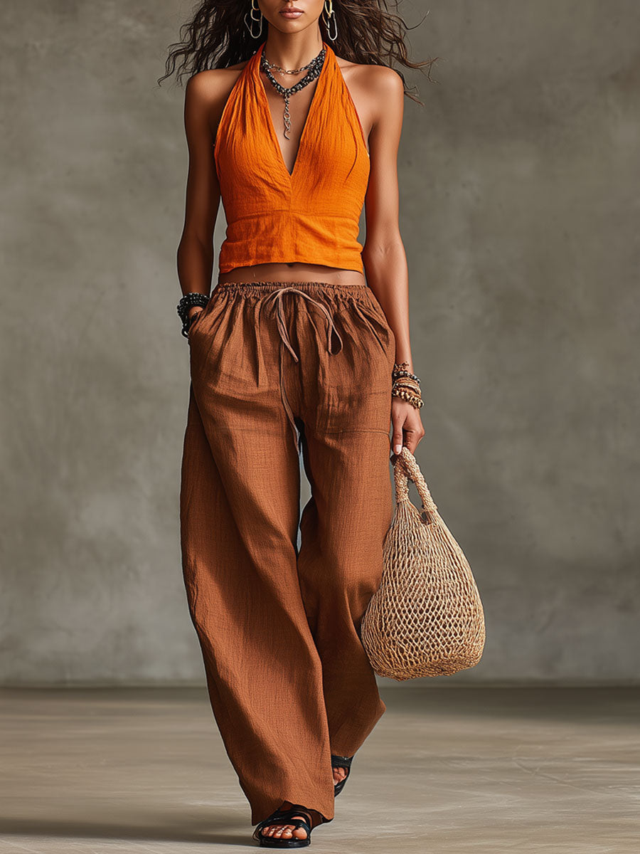 Casual Retro Orange Cotton Linen Sleeveless Halter Neck Vest And Wide-Leg Pants Set