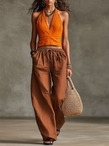 Casual Retro Orange Cotton Linen Sleeveless Halter Neck Vest And Wide-Leg Pants Set