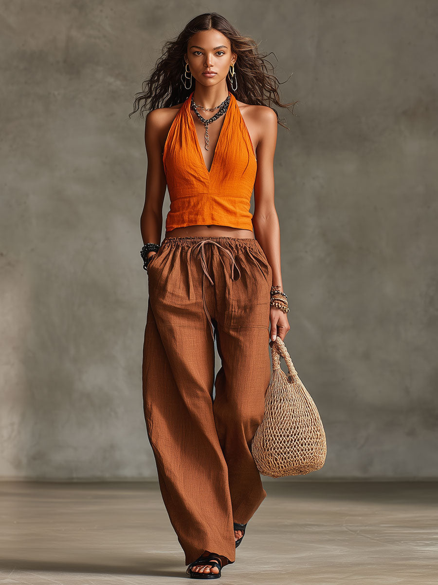Casual Retro Orange Cotton Linen Sleeveless Halter Neck Vest And Wide-Leg Pants Set