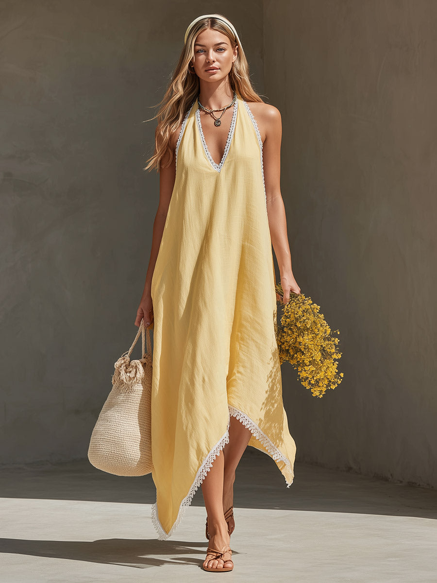 Elegant &amp; Casual Lace-Trimmed Light Yellow Cotton-Linen Maxi Dress