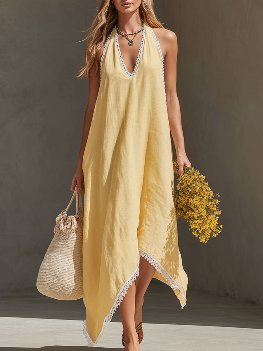 Elegant &amp; Casual Lace-Trimmed Light Yellow Cotton-Linen Maxi Dress