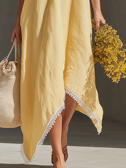 Elegant &amp; Casual Lace-Trimmed Light Yellow Cotton-Linen Maxi Dress