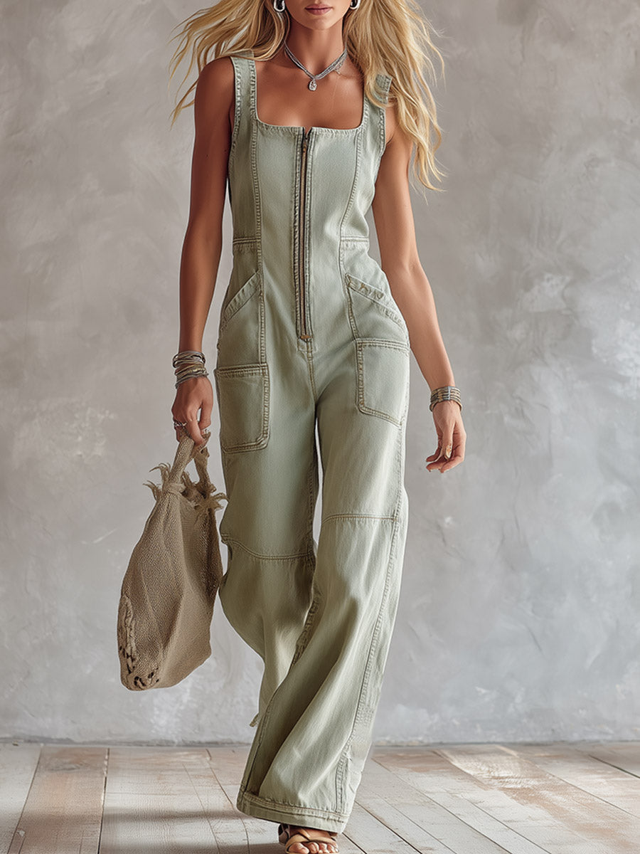 Retro Casual Grey-Green Denim Square-Neck Jumpsuit