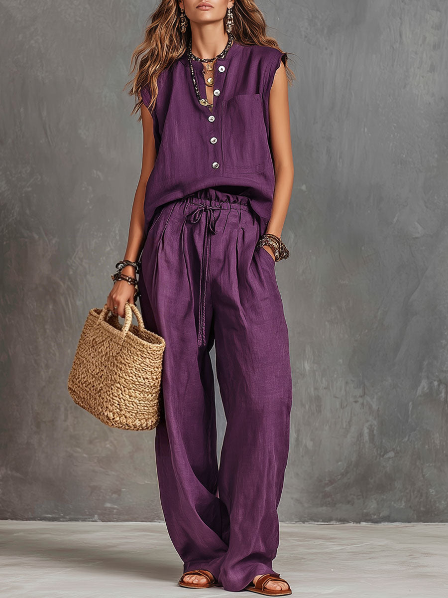 Casual Retro Purple Cotton Linen Sleeveless Shirt And Wide-leg Pants Set