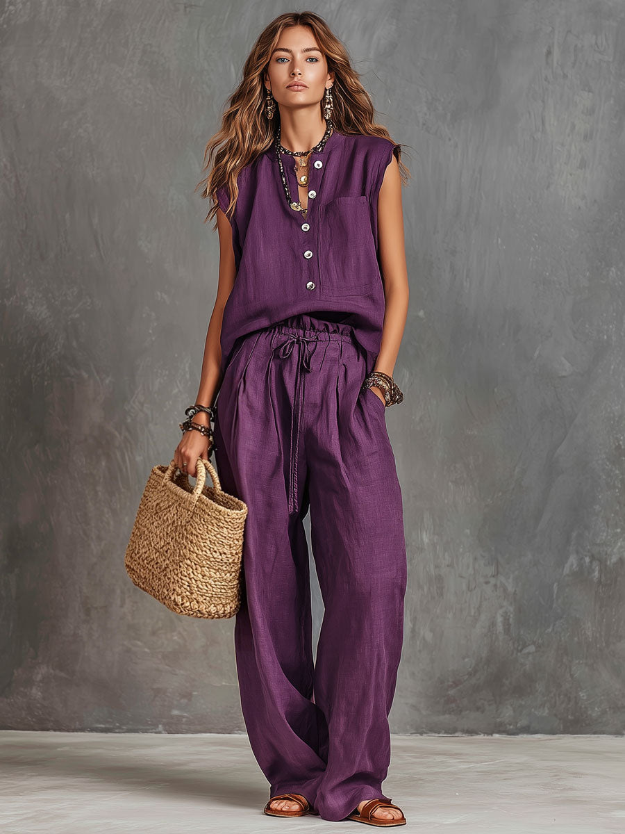 Casual Retro Purple Cotton Linen Sleeveless Shirt And Wide-leg Pants Set