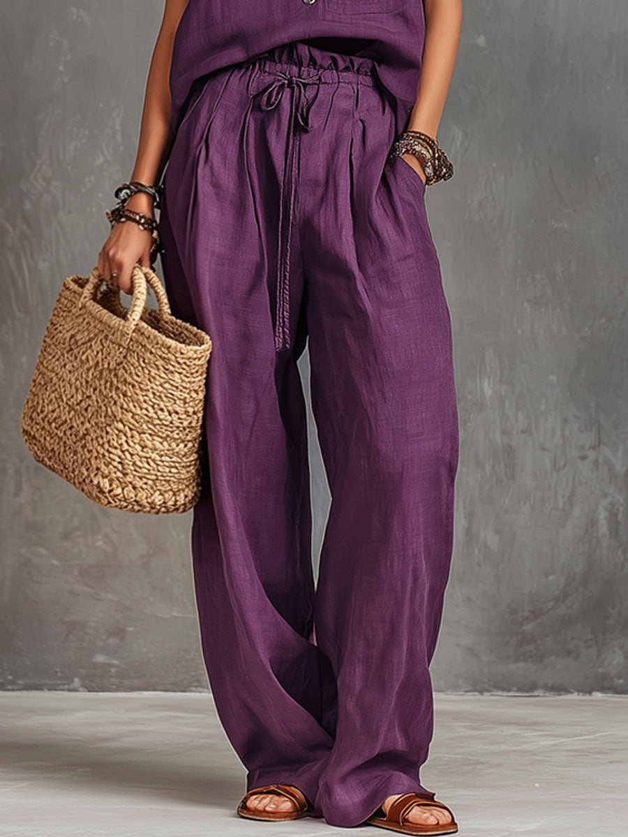 Casual Retro Purple Cotton Linen Sleeveless Shirt And Wide-leg Pants Set