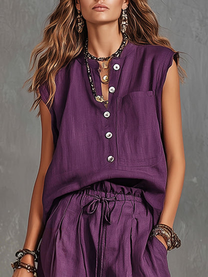 Casual Retro Purple Cotton Linen Sleeveless Shirt And Wide-leg Pants Set
