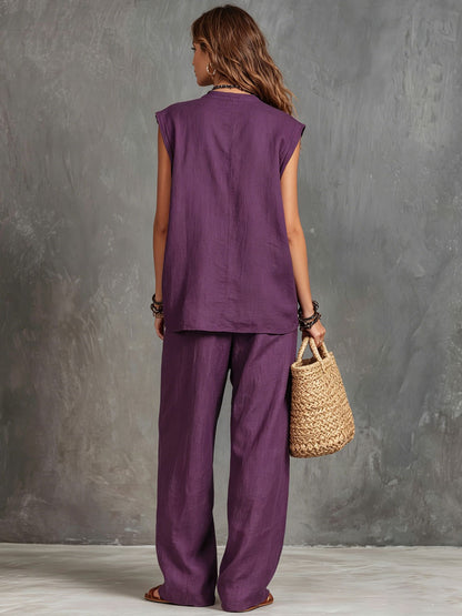 Casual Retro Purple Cotton Linen Sleeveless Shirt And Wide-leg Pants Set