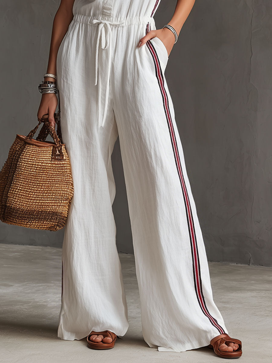 Casual Retro Striped Webbing White Cotton Linen Sleeveless Jumpsuit