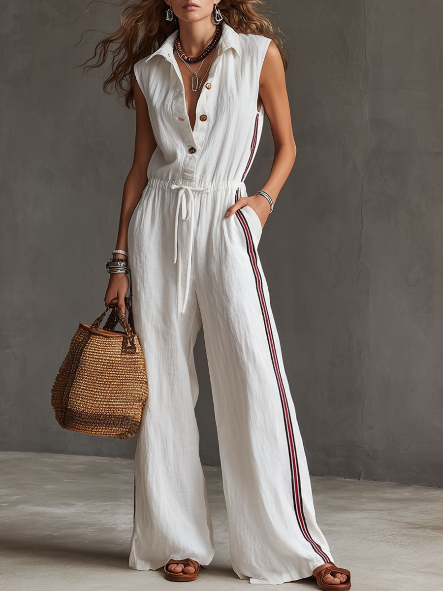 Casual Retro Striped Webbing White Cotton Linen Sleeveless Jumpsuit