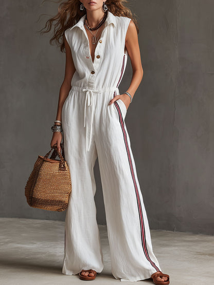 Casual Retro Striped Webbing White Cotton Linen Sleeveless Jumpsuit