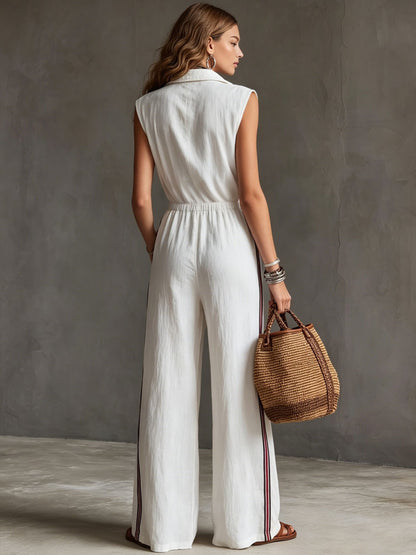 Casual Retro Striped Webbing White Cotton Linen Sleeveless Jumpsuit