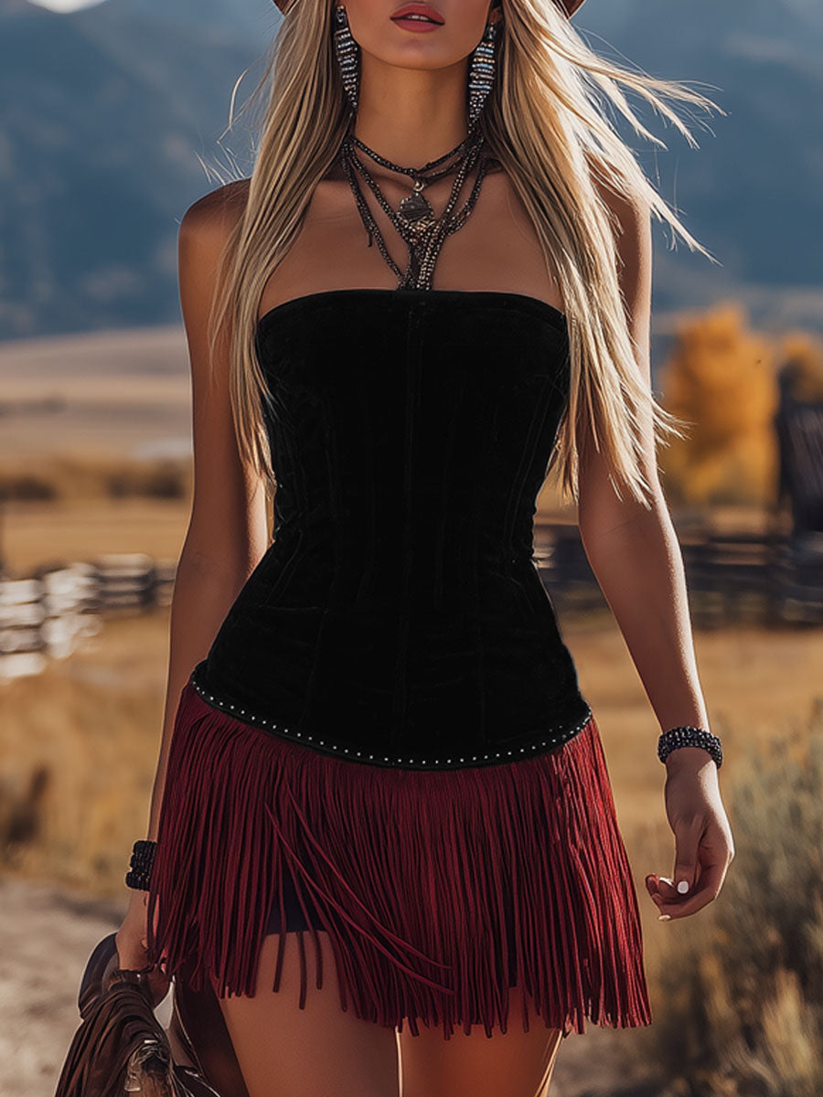 Retro Sleeveless Color-blocked Square Suede Tassel Mini Dress