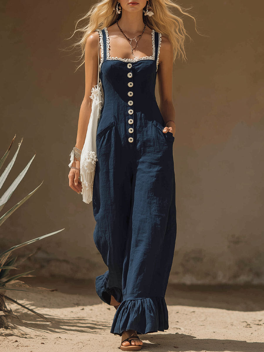 Retro Cotton And Linen Wide-strap Sleeveless Jumpsuit